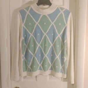 Alfred Dunner Blue and Green Argyle Turtleneck Sweater